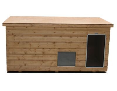 SAUERLAND Holz-Hundehütte mit Vorraum und Fenster, braun imprägniert | Flachdach | Eingang Längsseite | Grösse Dino