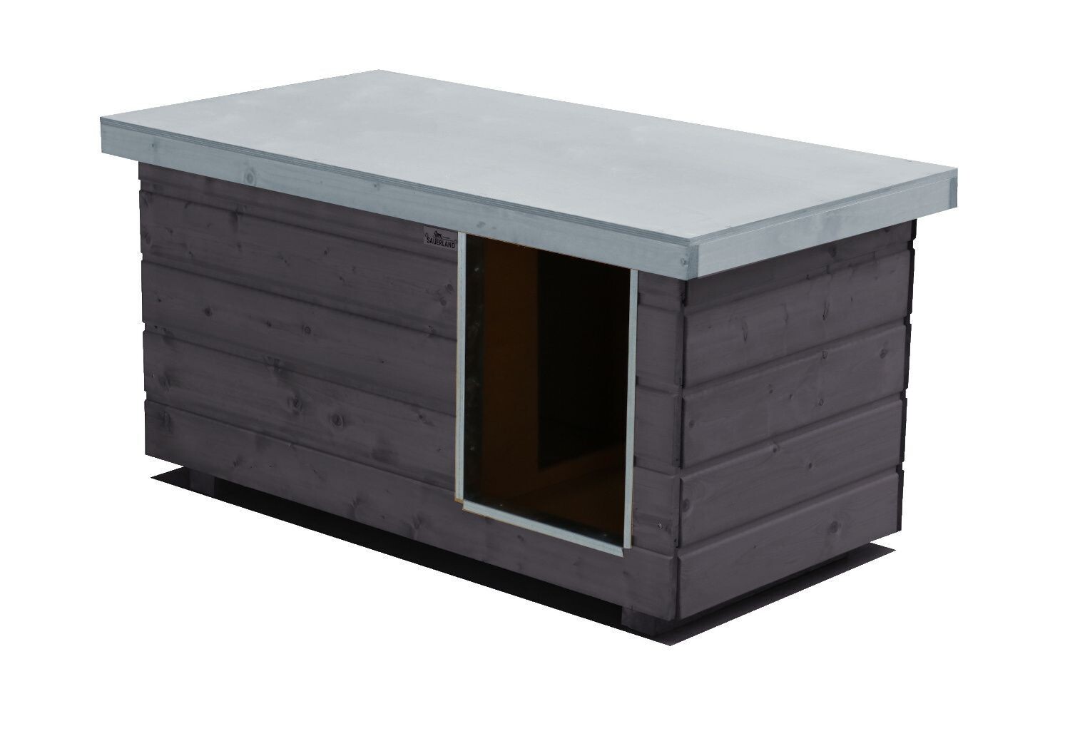 Original SAUERLAND Holz-Hundehütte mit Vorraum, graphitgrau/platingrau | Flachdach | Eingang Längsseite | Grösse Napoleon