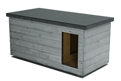 Original SAUERLAND Holz-Hundehütte mit Vorraum, platingrau/graphitgrau | Flachdach | Eingang Längsseite | Grösse Lassie