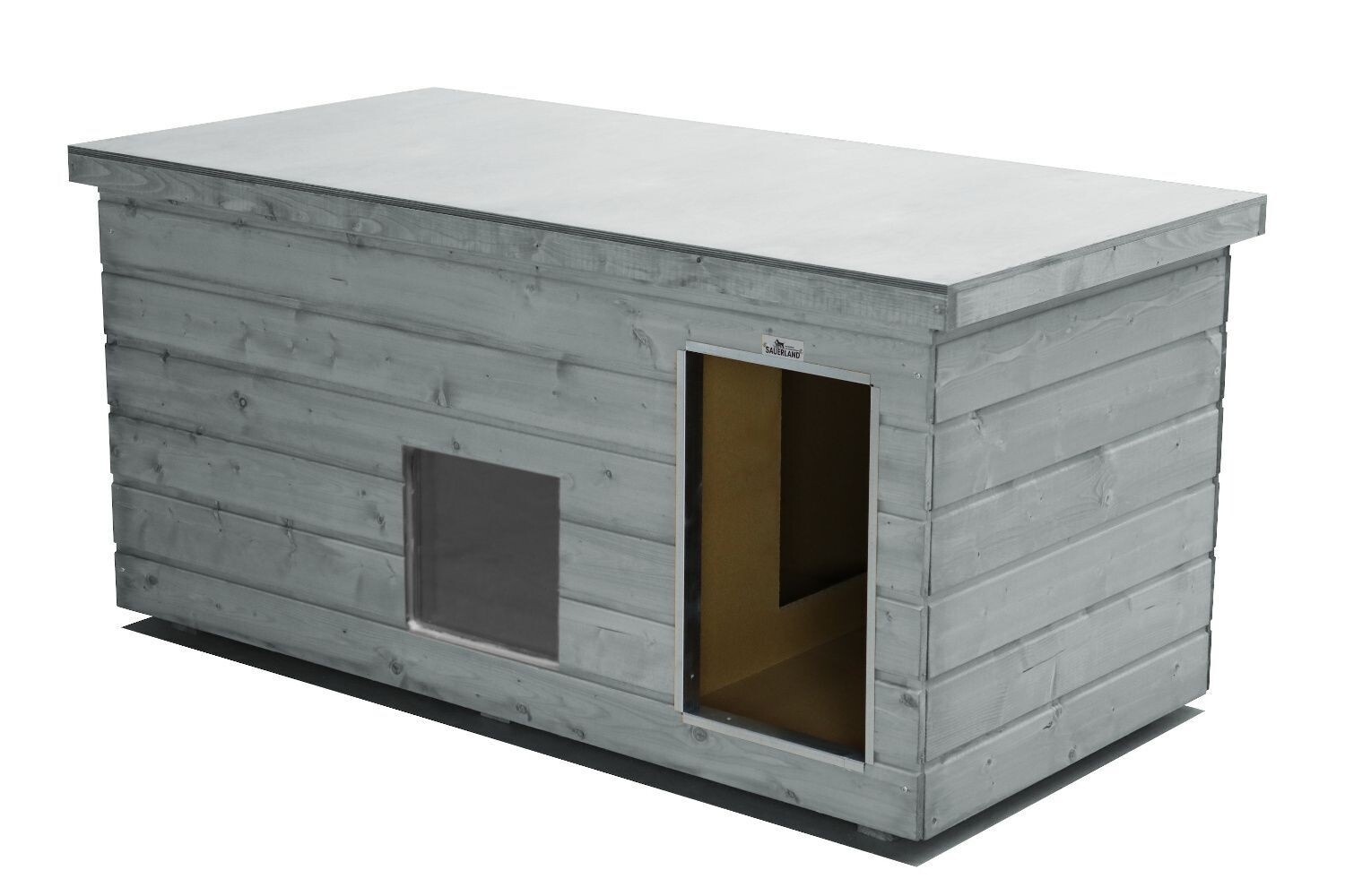 Original SAUERLAND Holz-Hundehütte mit Vorraum und Fenster, platingrau | Flachdach | Eingang Längsseite | Grösse Lassie