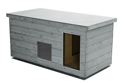 Original SAUERLAND Holz-Hundehütte mit Vorraum und Fenster, platingrau | Flachdach | Eingang Längsseite | Grösse Lassie