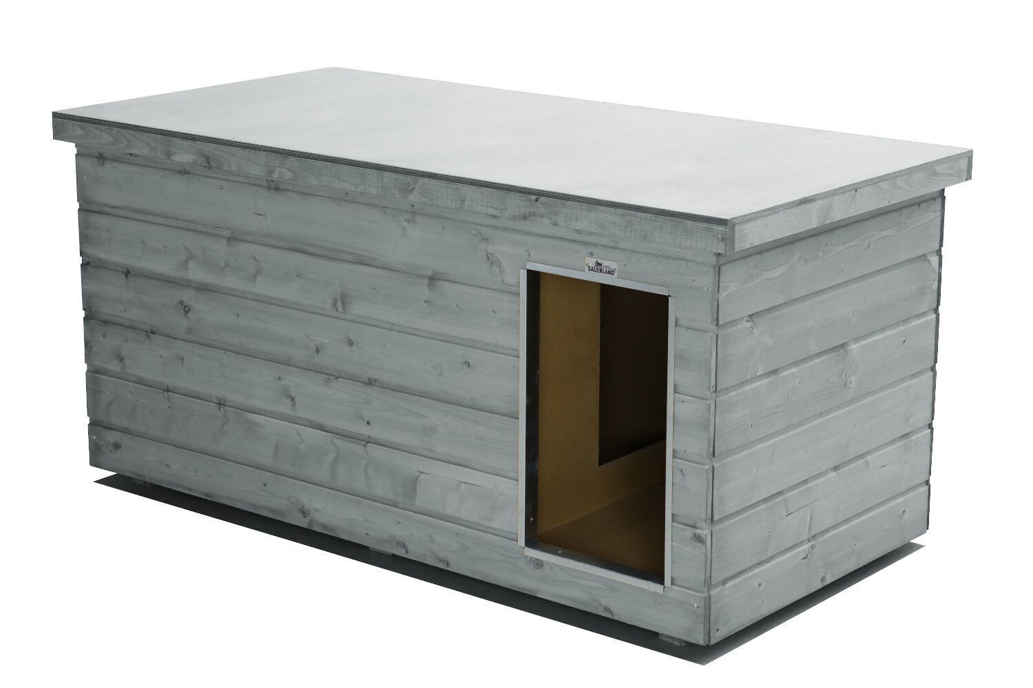 Original SAUERLAND Holz-Hundehütte mit Vorraum, platingrau | Flachdach | Eingang Längsseite | Grösse Lassie