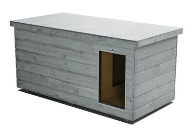 Original SAUERLAND Holz-Hundehütte mit Vorraum, platingrau | Flachdach | Eingang Längsseite | Grösse Lassie