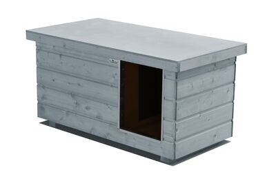 Original SAUERLAND Holz-Hundehütte mit Vorraum, platingrau | Flachdach | Eingang Längsseite | Grösse Napoleon