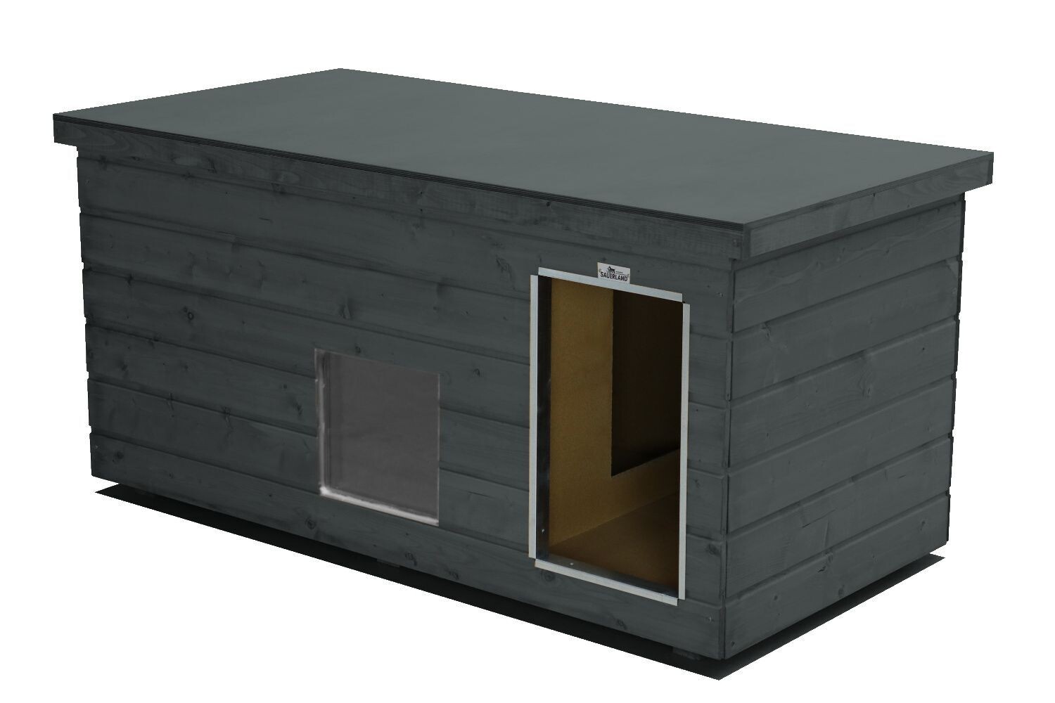 Original SAUERLAND Holz-Hundehütte mit Vorraum und Fenster, graphitgrau | Flachdach | Eingang Längsseite | Grösse Lassie