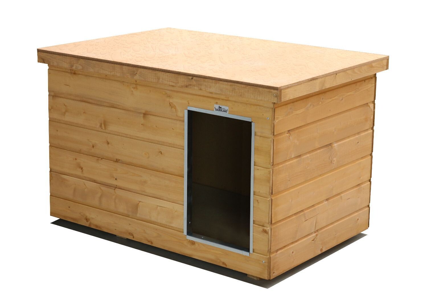 Original SAUERLAND Holz-Hundehütte, braun imprägniert | Flachdach Dickschicht | Eingang Längsseite | Grösse Lassie