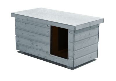 Original SAUERLAND Holz-Hundehütte mit Vorraum, platingrau | Flachdach Dickschicht | Eingang Längsseite | Grösse Napoleon