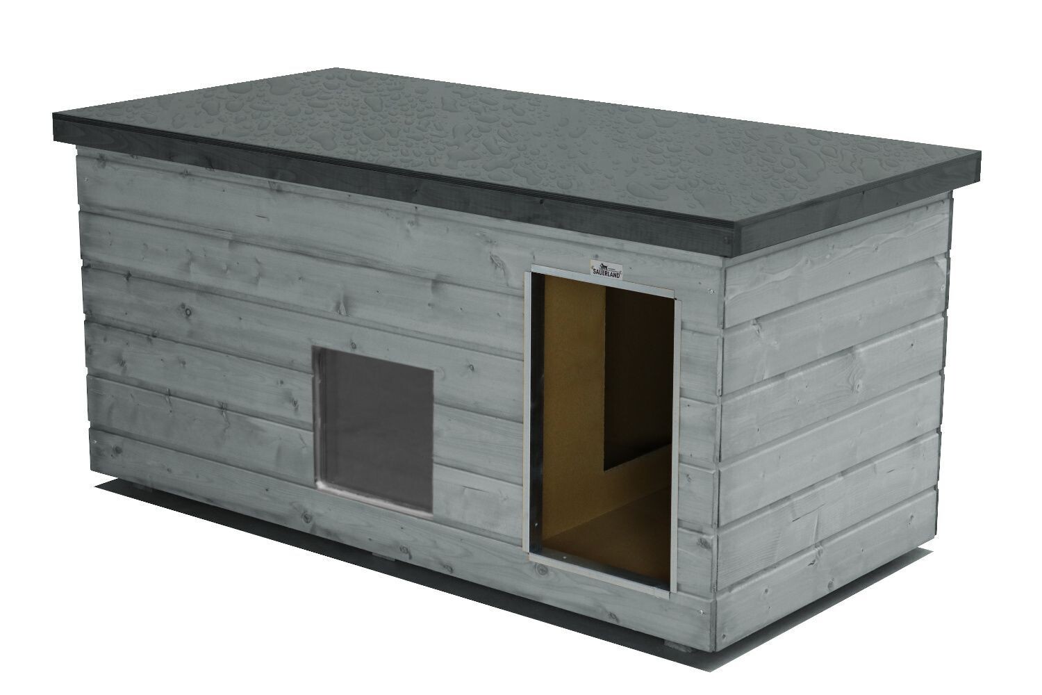Original SAUERLAND Holz-Hundehütte mit Vorraum und Fenster, platingrau/graphitgrau | Flachdach Dickschicht | Eingang Längsseite | Größe Lassie