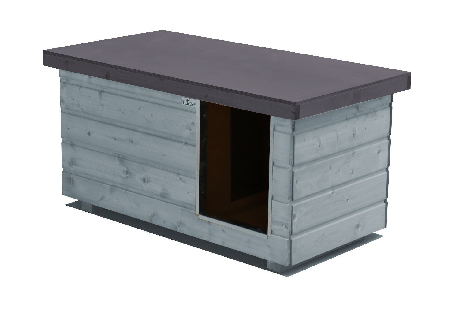 Original SAUERLAND Holz-Hundehütte mit Vorraum, platingrau/graphitgrau | Flachdach | Eingang Längsseite | Grösse Napoleon