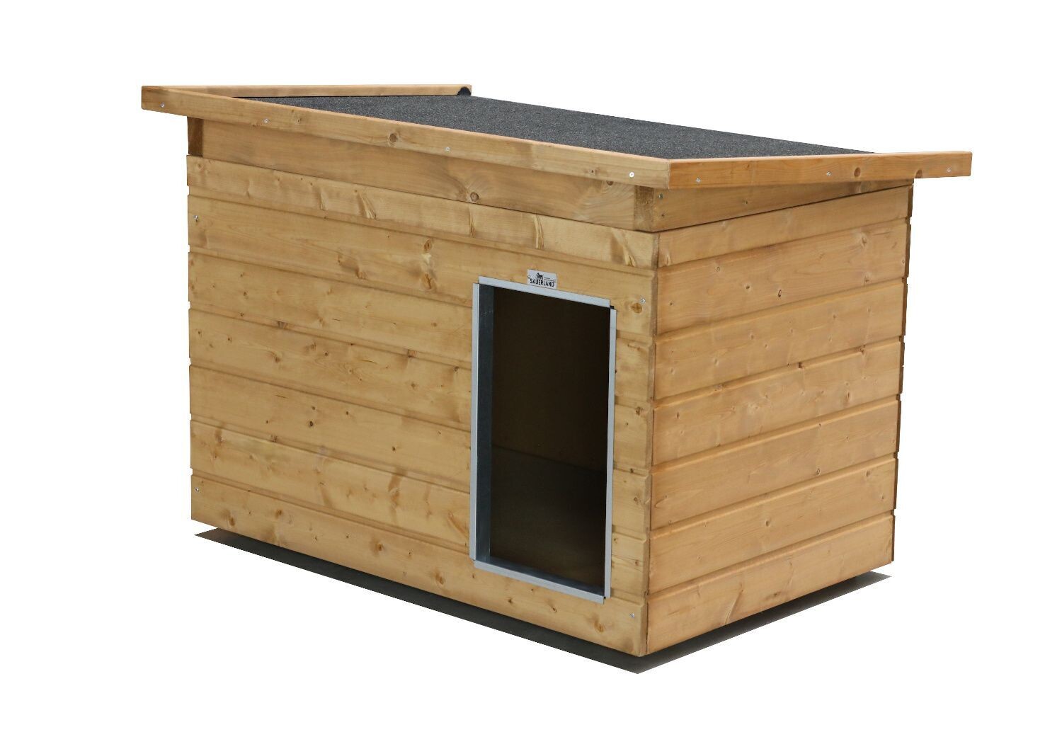 Original SAUERLAND Holz-Hundehütte, braun imprägniert | Pultdach Allwetter | Eingang Längsseite | Größe Lassie