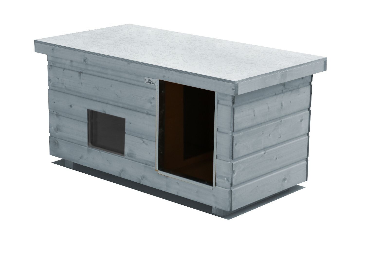 Original SAUERLAND Holz-Hundehütte mit Vorraum und Fenster, platingrau | Flachdach Dickschicht | Eingang Längsseite | Grösse Napoleon