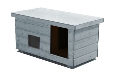 Original SAUERLAND Holz-Hundehütte mit Vorraum und Fenster, platingrau | Flachdach Dickschicht | Eingang Längsseite | Grösse Napoleon