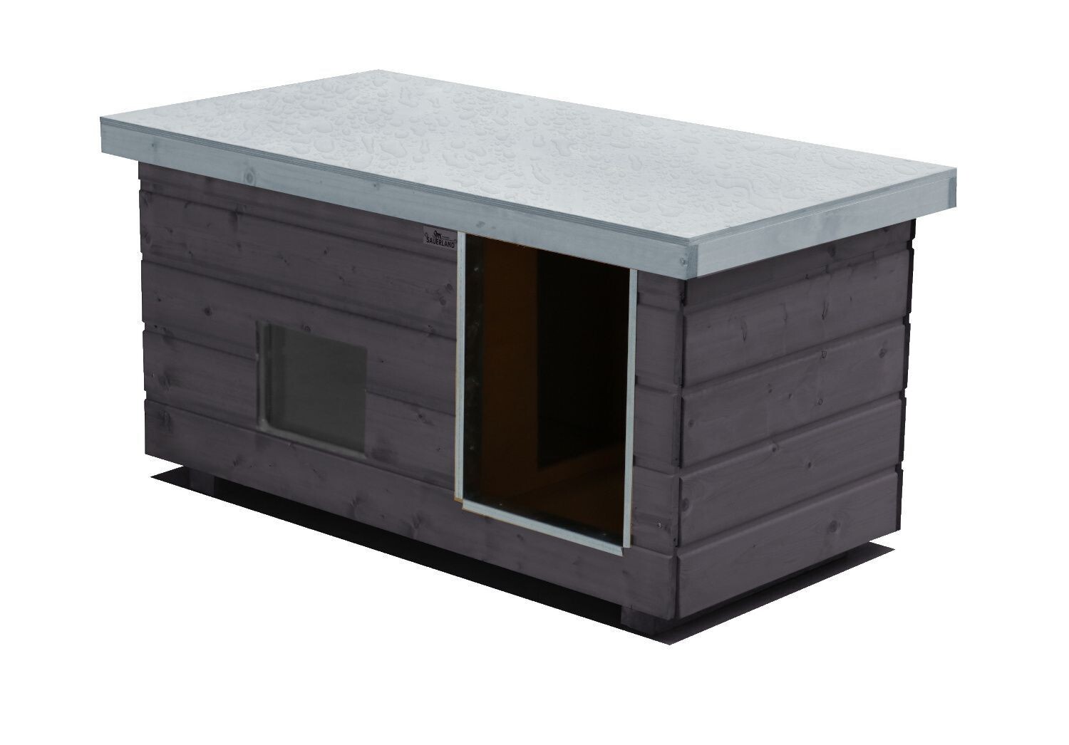 Original SAUERLAND Holz-Hundehütte mit Vorraum und Fenster, graphitgrau/platingrau | Flachdach Dickschicht | Eingang Längsseite | Grösse Napoleon