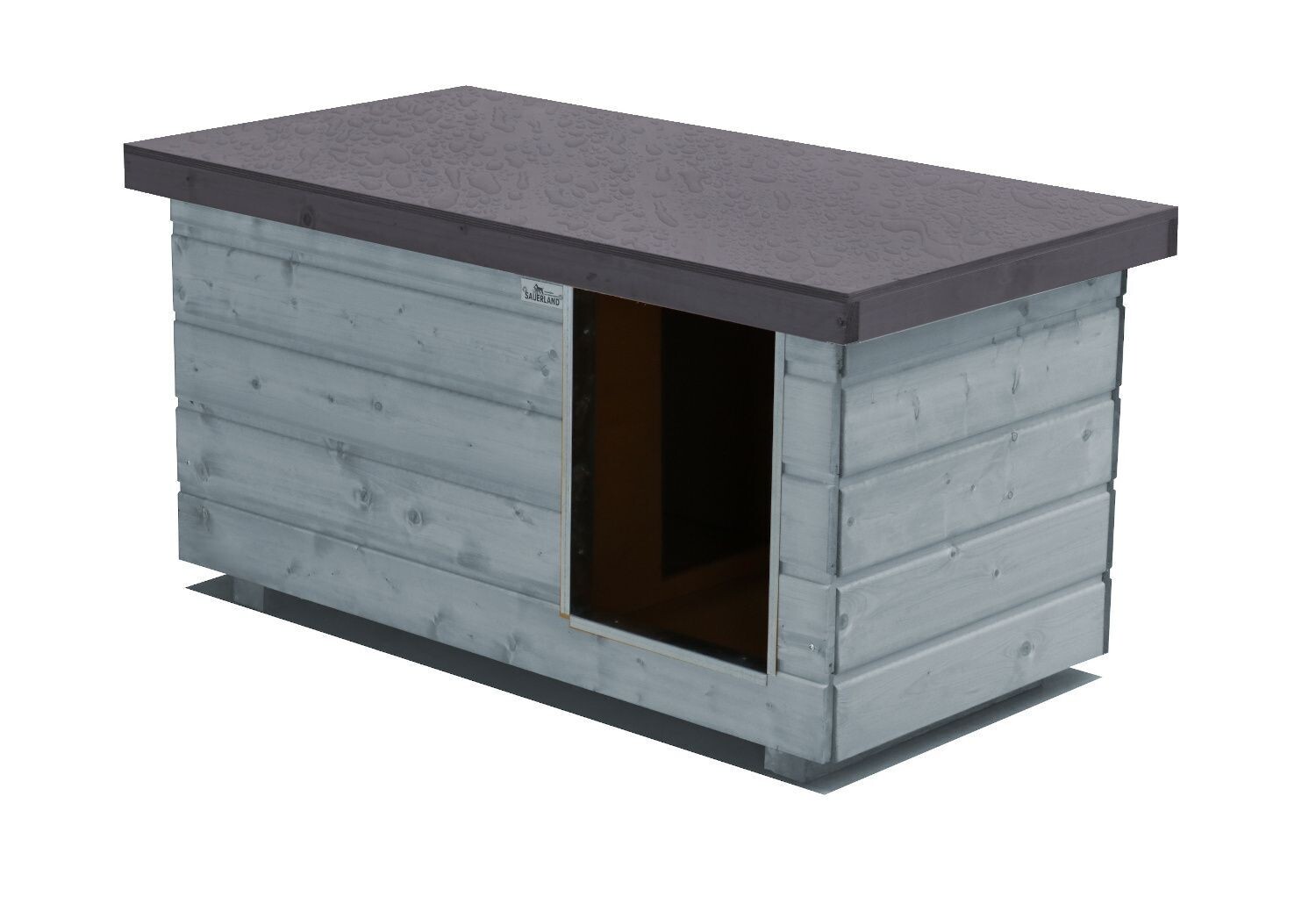 Original SAUERLAND Holz-Hundehütte mit Vorraum, platingrau/graphitgrau | Flachdach Dickschicht | Eingang Längsseite | Grösse Napoleon