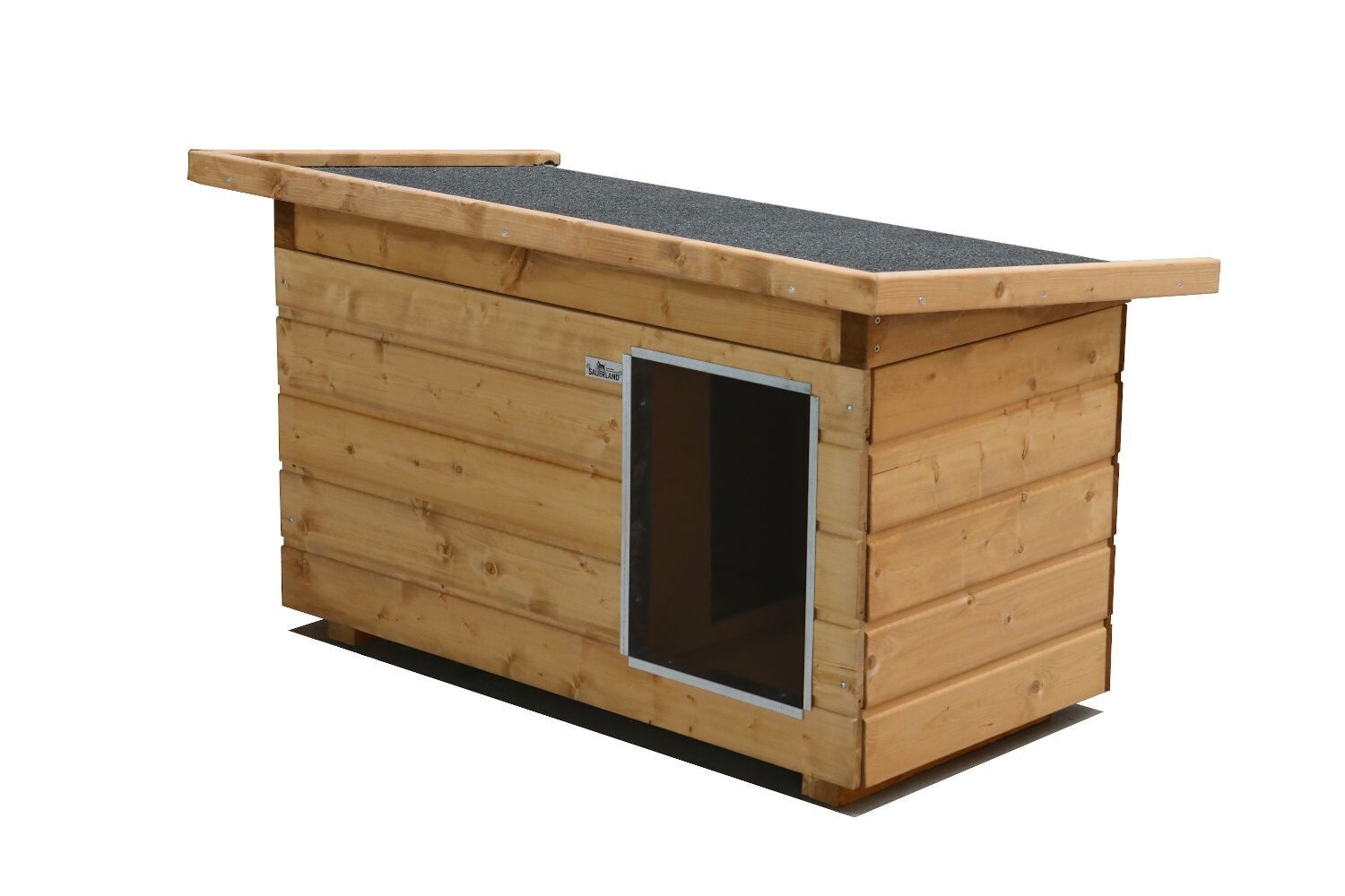 Original SAUERLAND Holz-Hundehütte mit Vorraum, braun imprägniert | Pultdach Allwetter | Eingang Längsseite | Grösse Napoleon