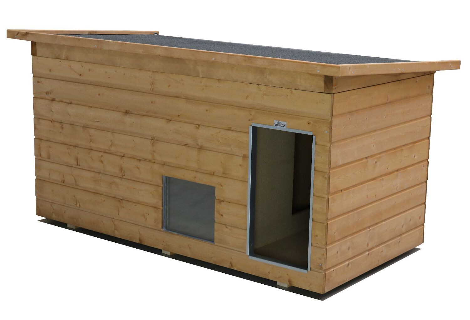 Original SAUERLAND Holz-Hundehütte mit Vorraum und Fenster, braun imprägniert | Pultdach Allwetter | Eingang Längsseite | Grösse Dino