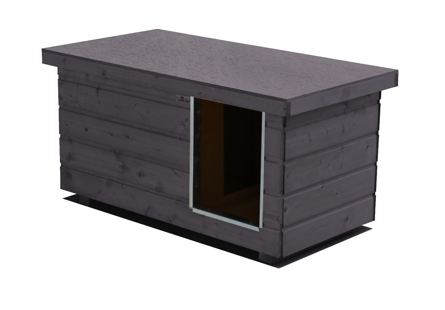 Original SAUERLAND Holz-Hundehütte mit Vorraum, graphitgrau | Flachdach Dickschicht | Eingang Längsseite | Grösse Napoleon