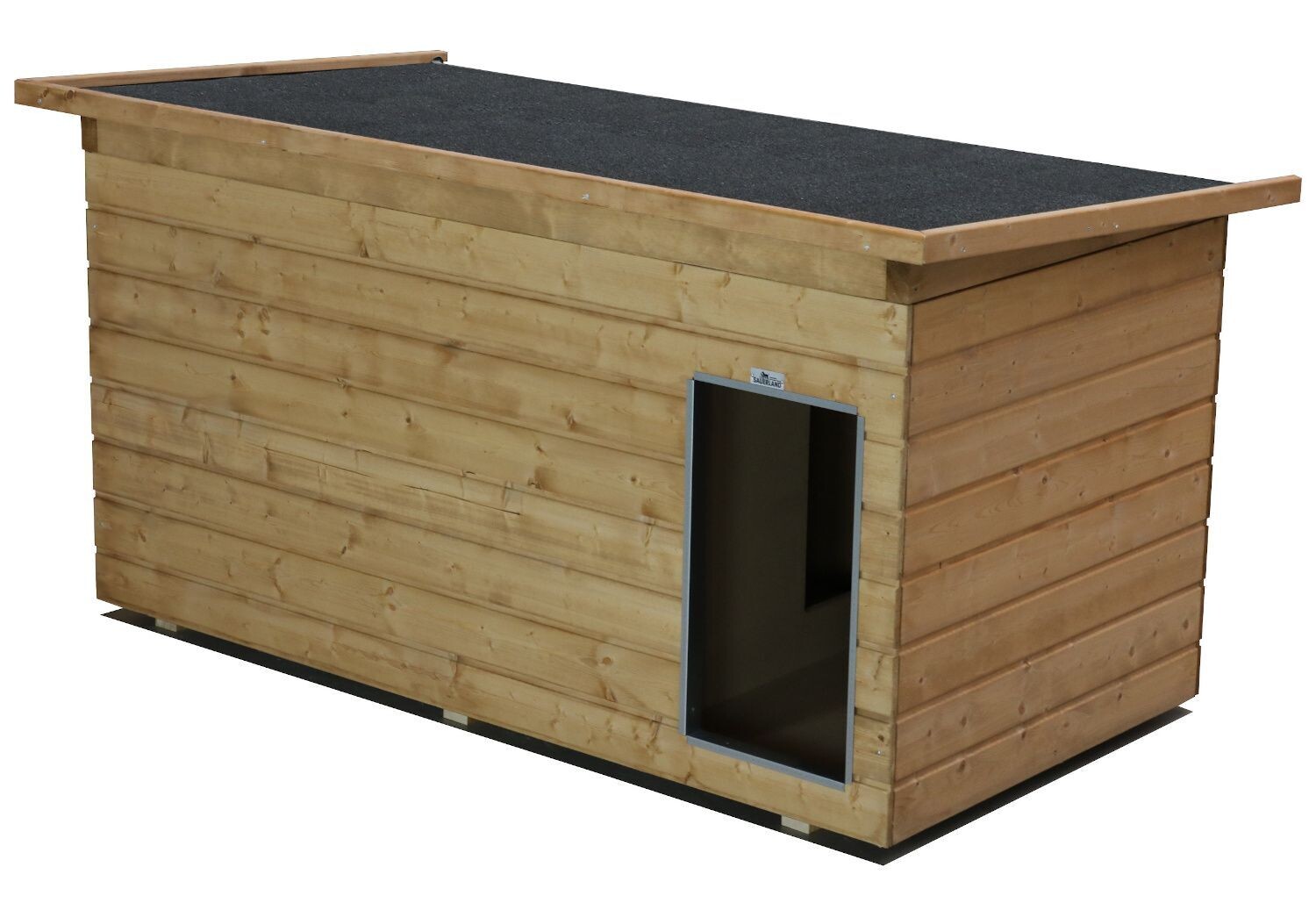 Original SAUERLAND Holz-Hundehütte mit Vorraum, braun imprägniert | Pultdach Allwetter | Eingang Längsseite | Grösse Dino
