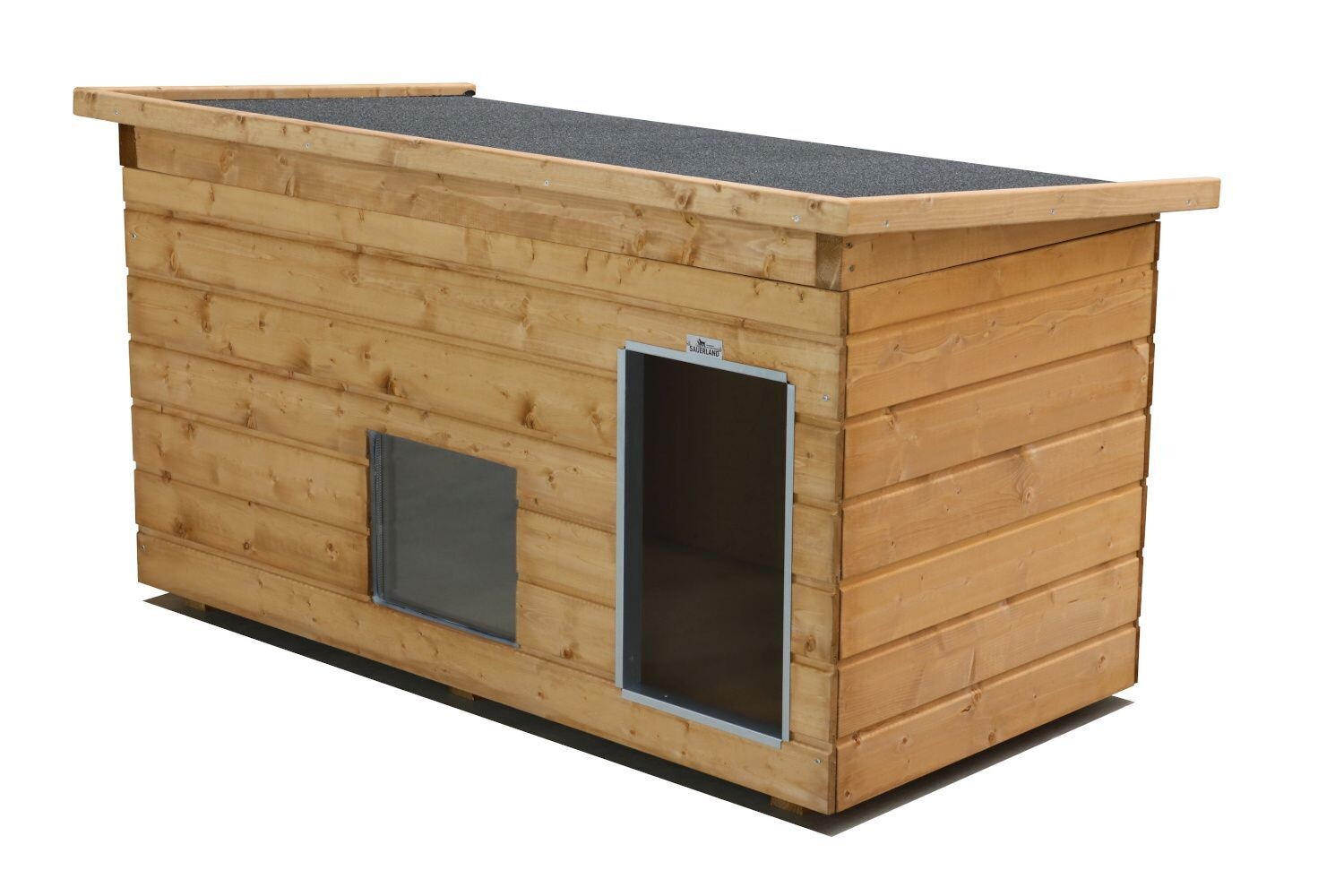 Original SAUERLAND Holz-Hundehütte mit Vorraum und Fenster, braun imprägniert | Pultdach Allwetter | Eingang Längsseite | Größe Lassie