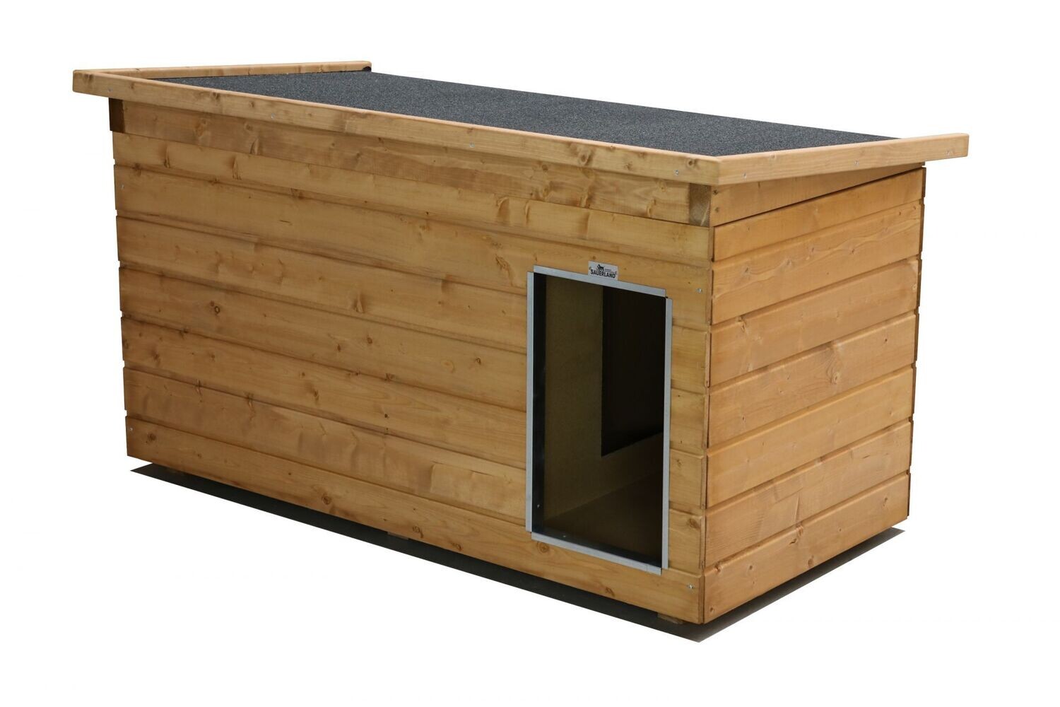 Original SAUERLAND Holz-Hundehütte mit Vorraum, braun imprägniert | Pultdach Allwetter | Eingang Längsseite | Grösse Lassie