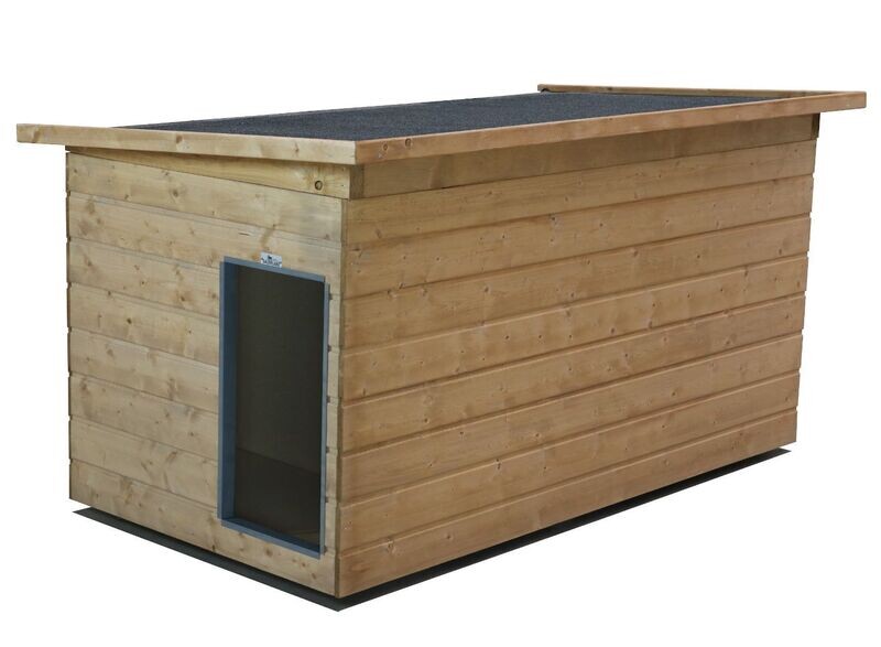 Original SAUERLAND Holz-Hundehütte mit Vorraum, braun imprägniert | Pultdach Allwetter | Eingang Schmalseite Grösse Dino