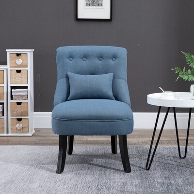 Sessel im Vintage‑Stil, Leinenoptik, Blau – Rückenkissen, Holzbeine, 52,5B x 69T x 77H cm, 150 kg