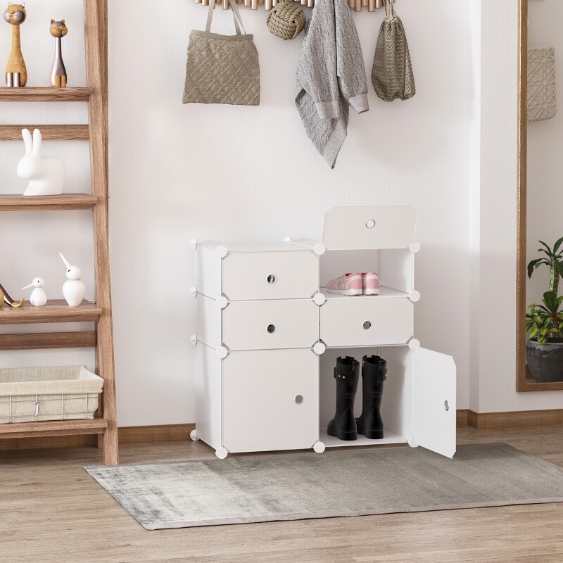 DIY Schuhschrank, Regal mit Aufbewahrungsboxen, Kleiderschrank, Kunststoff, Stahl, Weiss