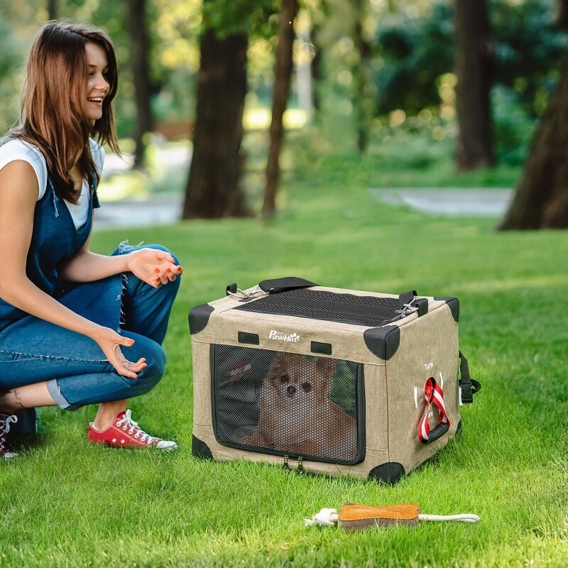 Haustier-Transportbox, Hundebox 3 Eingänge klappbar Khaki