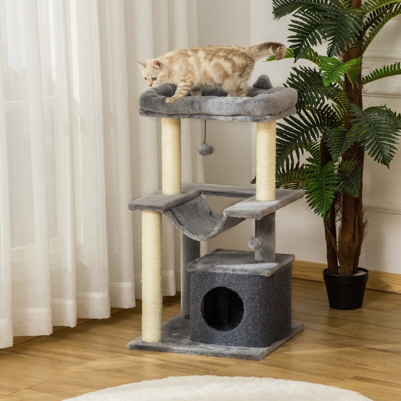 Katzenbaum, Kratzbaum mit Hängematte Spielbaum grau