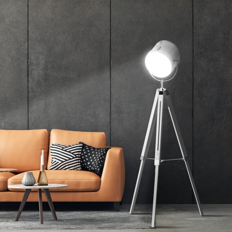 Stehleuchte Industrie-Design Dreibein Natur + Weiss