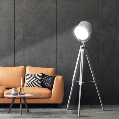 Stehleuchte Industrie-Design Dreibein Natur + Weiss