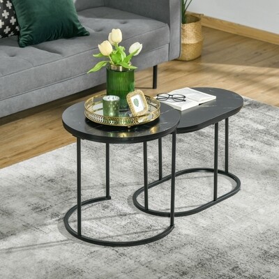 2er-Set Beistelltisch Industriedesign, Marmoroptik, Couchtisch, Beistelltisch, stapelbar, Schwarz