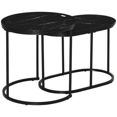 2er-Set Beistelltisch Industriedesign, Marmoroptik, Couchtisch, Beistelltisch, stapelbar, Schwarz