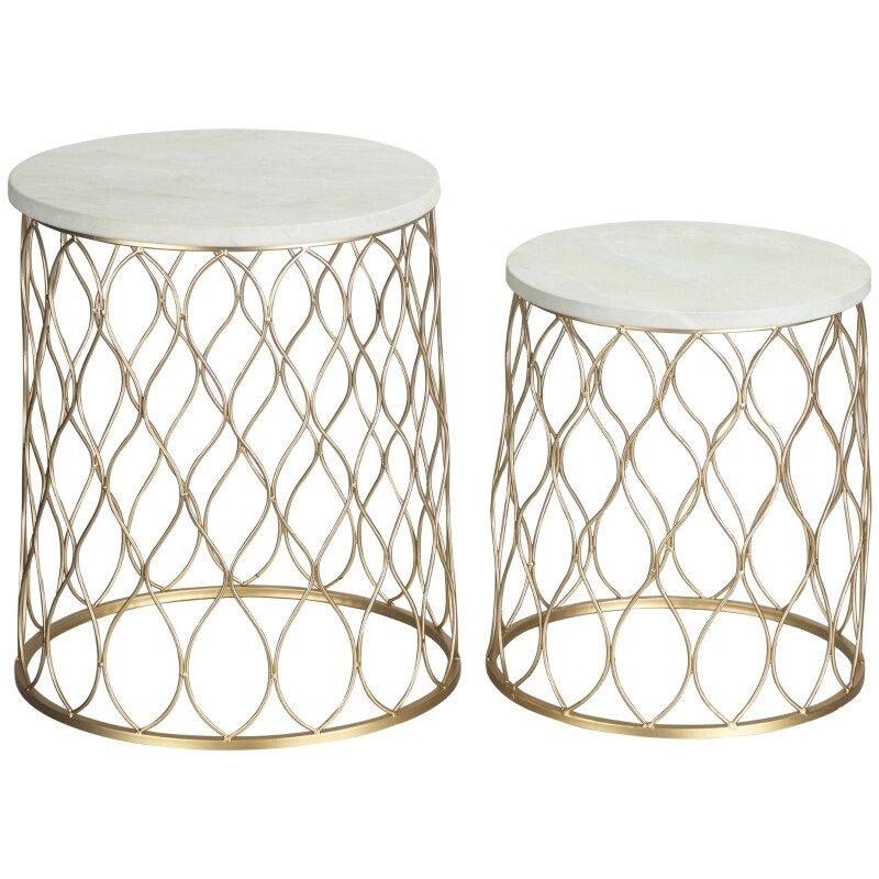 2er Beistelltisch -Terrassentisch-Set in Marmor- und Gold-Optik