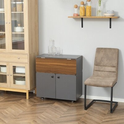 Klapptisch Rollschrank, zwei klappbare Tischseiten, Schrankfach, 4 Rollen, Hellgrau+Dunkelbraun