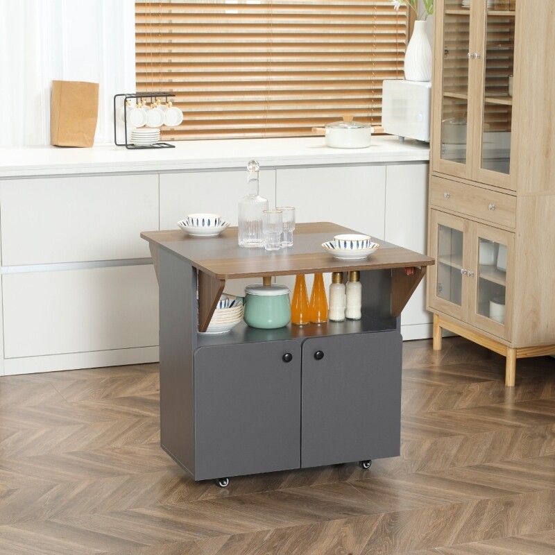 Klapptisch Rollschrank, zwei klappbare Tischseiten, Schrankfach, 4 Rollen, Hellgrau+Dunkelbraun