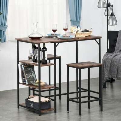3-tlg.  Bartisch-Set Stehtisch mit 2 Barhockern