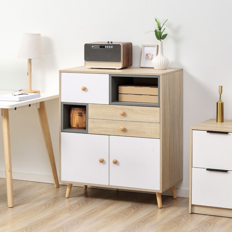 Sideboard im Skandi-Design 2 Schubladen 2 Regale 3 Schränke Weiss + Natur + Grau