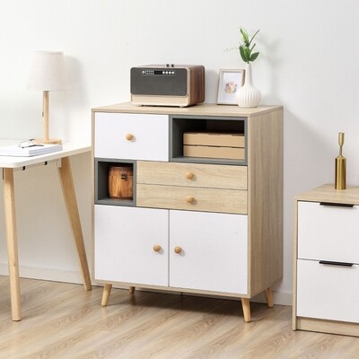 Sideboard im Skandi-Design 2 Schubladen 2 Regale 3 Schränke Weiss + Natur + Grau