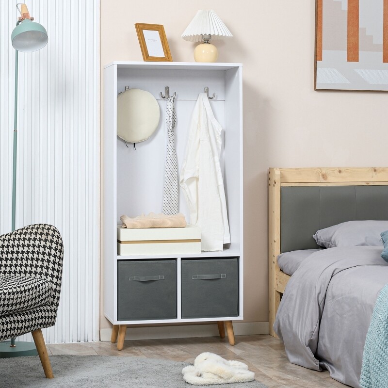 Garderobe, 3 Haken, 2 Stoffschubladen, nordisches Design, Weiss+Grau