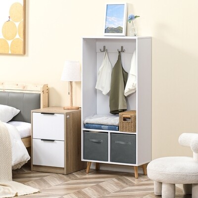 Garderobe, 3 Haken, 2 Stoffschubladen, nordisches Design, Weiss+Grau