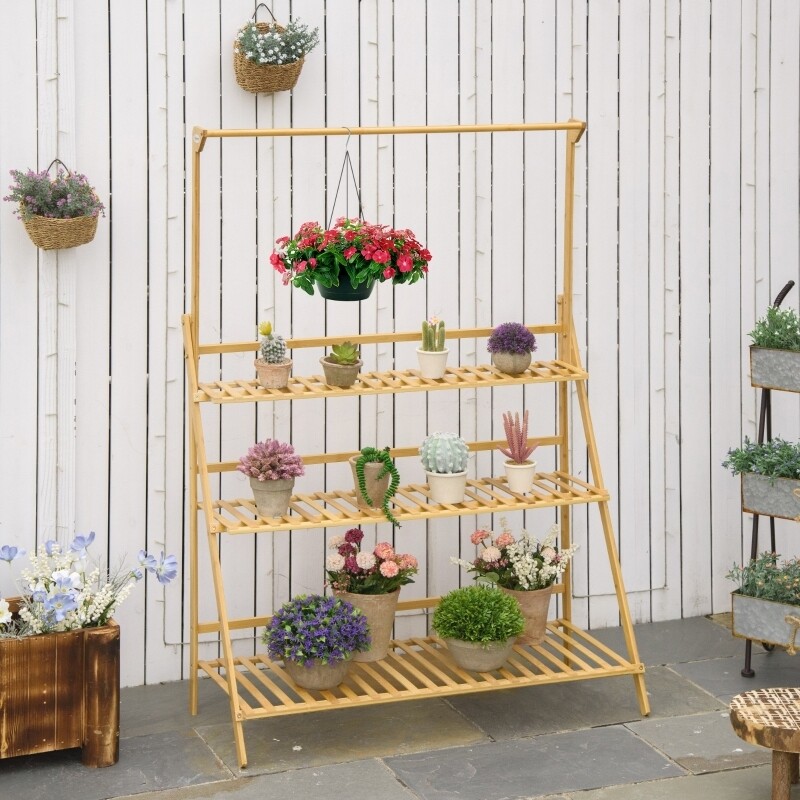 Blumentreppe aus Holz Pflanzenständer Leiterregal einstellbare Hängehöhe Blumenständer hängende Bambus Natur innen draussen 100 x 40 x 143 cm