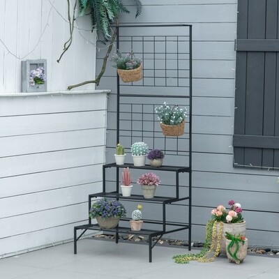 Pflanzenregal 3 Stufig und Spalier, Metall, Schwarz, 60 x 53,5 x 159,5 cm