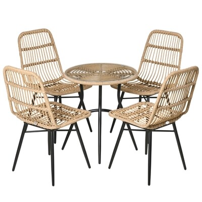 5-tlg. Rattan-Gartenmöbel Set Essgruppe Esstisch mit 4 Stühlen, Natur