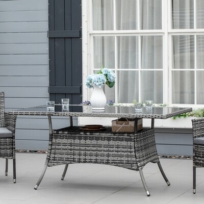 Gartentisch Glastisch Esstisch Polyrattan+Sicherheitsglas, Grau+Schwarz