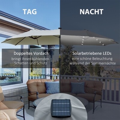 Doppelsonnenschirm mit LED-Beleuchtung 4,5m oval hellgrau