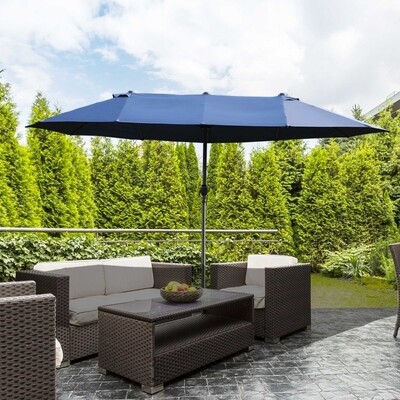 Doppelsonnenschirm Terrassenschirm mit Handkurbel Blau Oval 460 x 270 x 240 cm