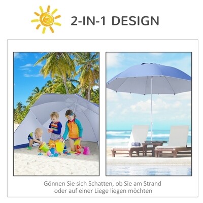 2 in 1 Strandschirm Sonnenschirm Strandmuschel 210cm Blau