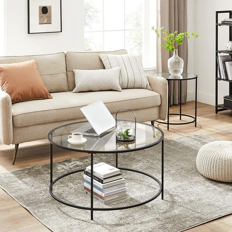 Runder Couchtisch mit Glas &amp; Metallrahmen Schwarz