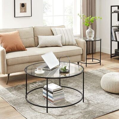 Runder Couchtisch mit Glas &amp; Metallrahmen Schwarz